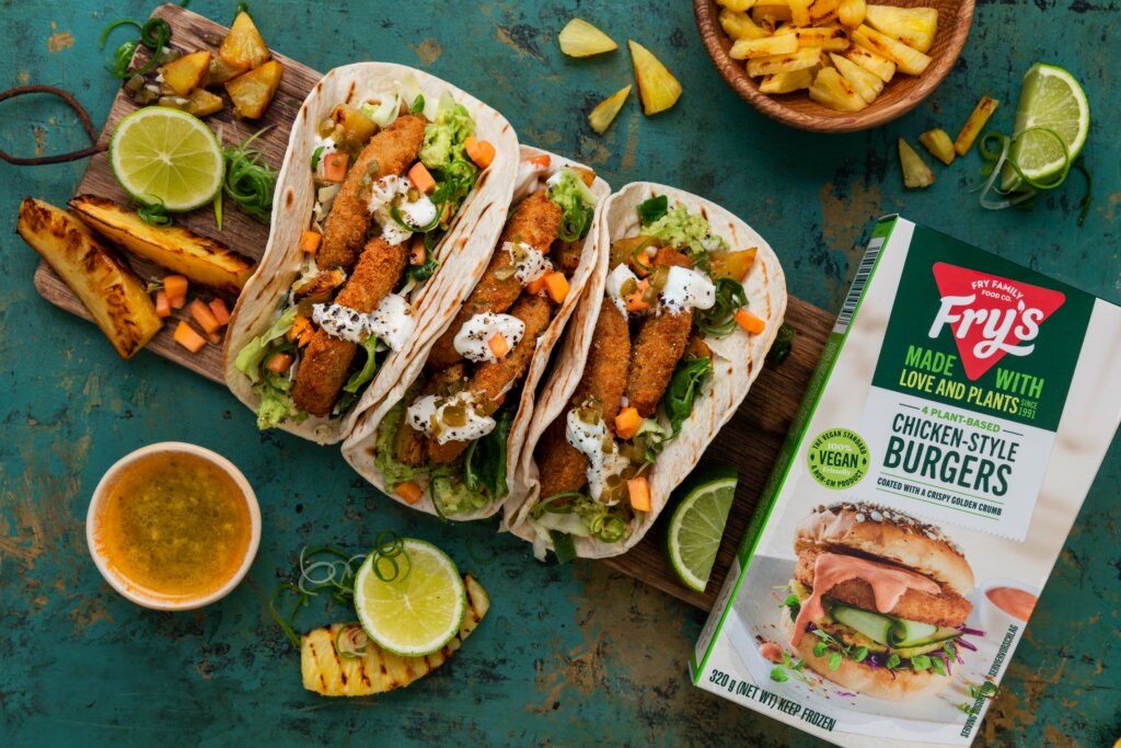 Chick’n Style Burger Tropical Heat Tacos with Jalapeno Lime Vinaigrette by Fry's Family Food